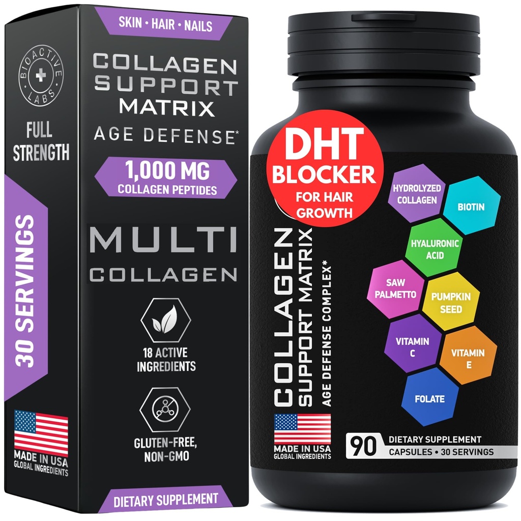 Ikä puolustus Kauneus Collagen Matrix - 2000mg Multi Collagen Biotin Keratin Hyaluronic Acid Saw Palmetto C-vitamiini täydentää Complex - DHT Blocker miesten ja naisten hiusten kasvua - 90 Gluteenittomat Caps