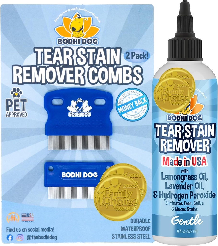 Bodhi Dog Tear Stain Remover & Tear Stain Remover Combs - Gently Removes Stains, Dirt från Pet Eyes - Säker & Gentle på hundar och katter - rengör känslig päls - Perfekt för Grooming & Tear Stain Prevention