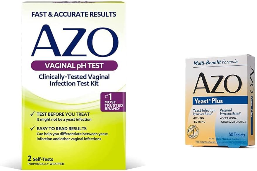 AZO Vaginal pH testipakkaukset ja hiivan infektion lievitys Tabletit, kliinisesti testatut infektiotestipakkaukset, joissa on 60 hiivan infektio- ja emätinoireiden lievitystablettia