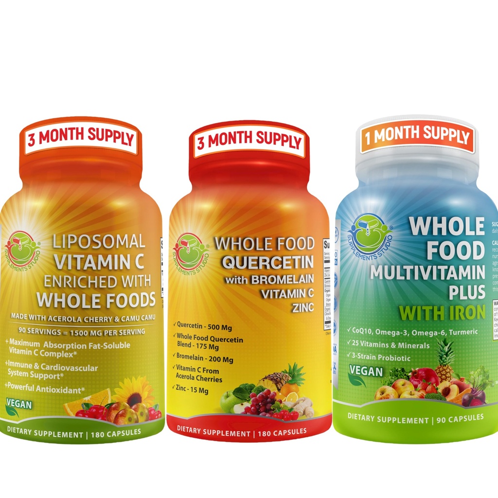 Täydellinen päivittäin vitamiineja - Quercetin ja bromelaiini täydentää Bundle jopa Multivitamiini Plus miehille & naisille rauta ja liposomaalinen C-vitamiini neste geeli - immuuni, hengitysteiden, Ruoansulatuskanavan tuki