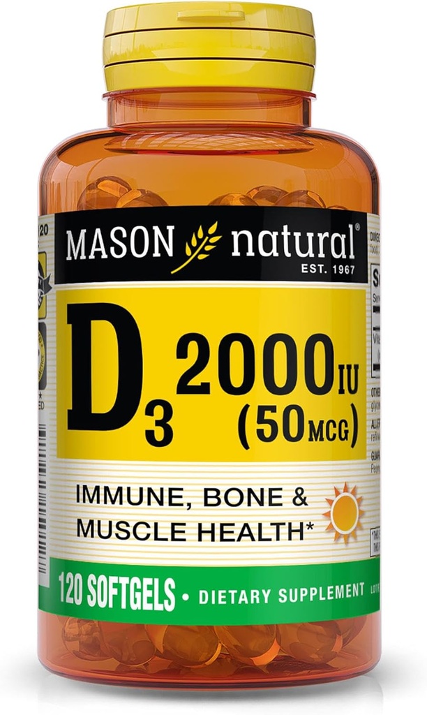 MASON NATURAL D3 2 000 IU Ultra Strength tukee luun tihentymistä, vahvuutta ja immuuniterveyttä, 120 Softgels