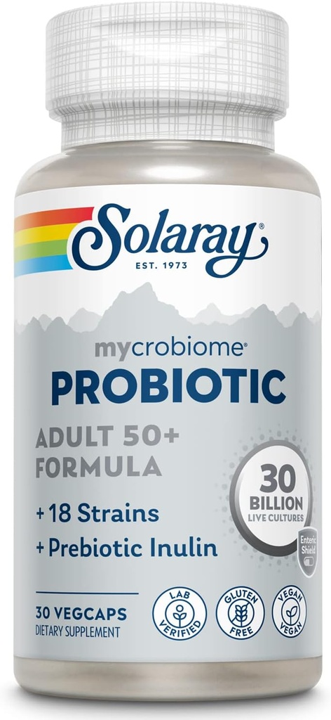 SOLARAY Mycrobiome Probiootti Adult 50 Plus Formula, Probiootit naisille ja miehille, Terve digestio, aineenvaihdunta, energia, Colon ja virtsateiden tuki, 30 miljardia PMY, 30 Servings, 30 VegCaps