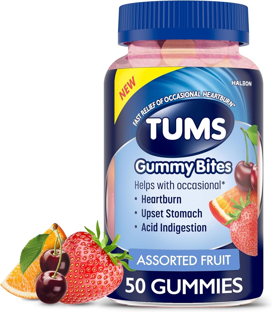 TUMS Gummy Bites Ruokavalion täydentää ajoittain närästyksen lievittämiseen, vatsavaivat ja happo ruoansulatushäiriöt, valikoituja hedelmiä makuja - 50