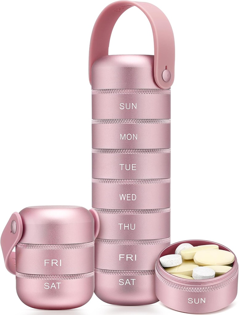 Zannaki Metal Weekly Pill Organizer, Large Travel Pill Box 7 Day, Waterproof Daily Pill Case med Silicone Handle, Aluminiumlegering Portable Pill Holder Container för vitamin, medicin, tillägg, piller