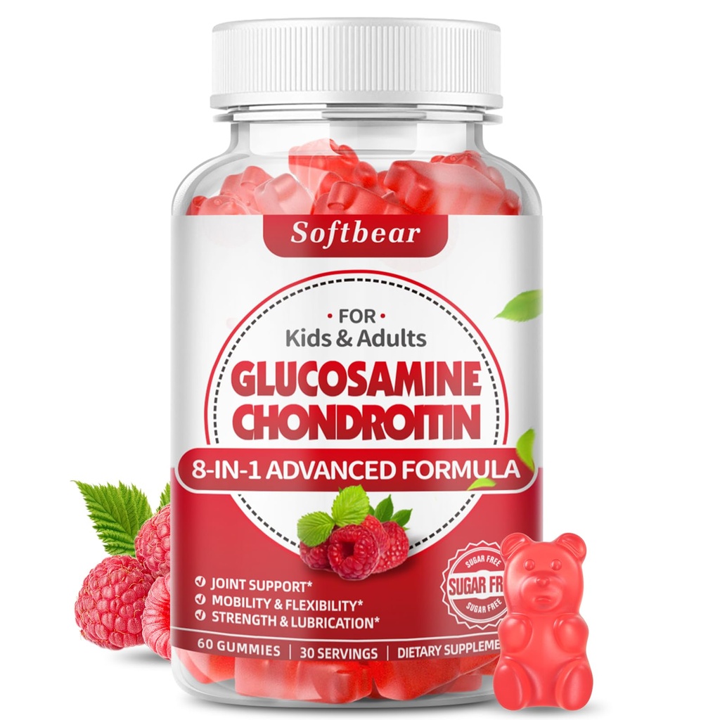softbear Glukosamiini Chondroitin Gummies, sokeriton Glukosamiini Chondroitin MSM Täydennys Elderberry Turmeric Tukee Yhteinen terveys & antioksidantti, Vadelma maustettu 60 Luku