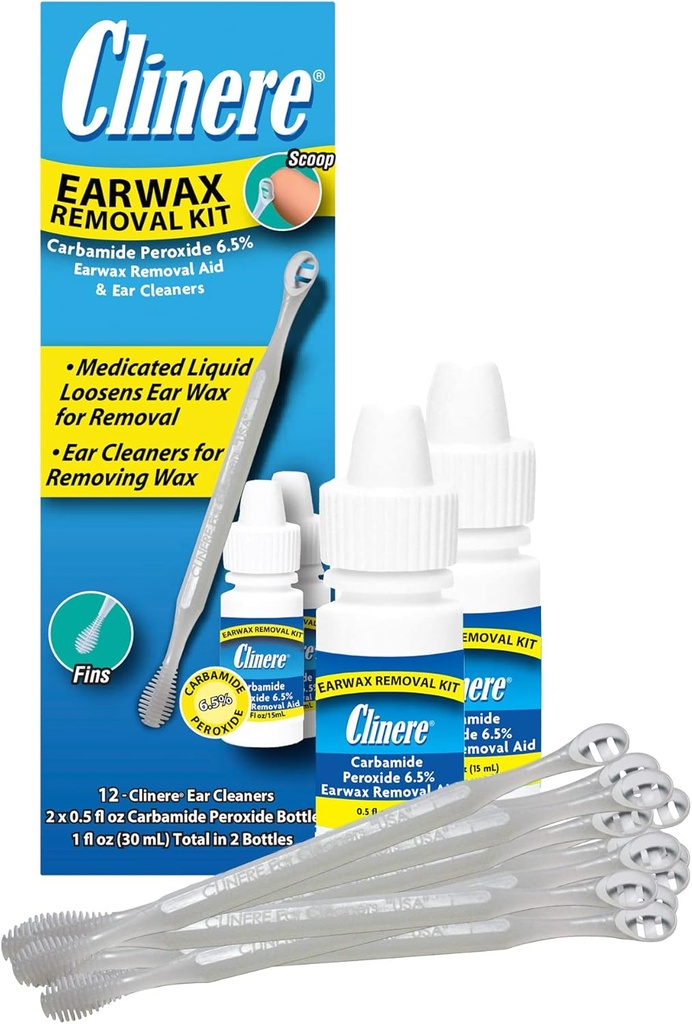Clinere Earwax Removal Kit, Safely och Gently Clean Ear Wax, Itch Relief, arbetar direkt .5oz Carbamide Peroxide, 2 x .5 Fl Oz med 12 Sticks