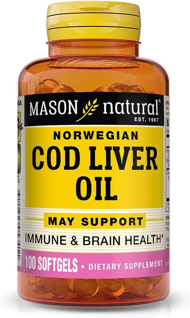MASON Natural Cod Maksaöljy Plus A-vitamiini & D3 - Terve sydän ja aivot toiminto, parantaa immuniteetin, tukee yleistä terveyttä, 100 Softgels