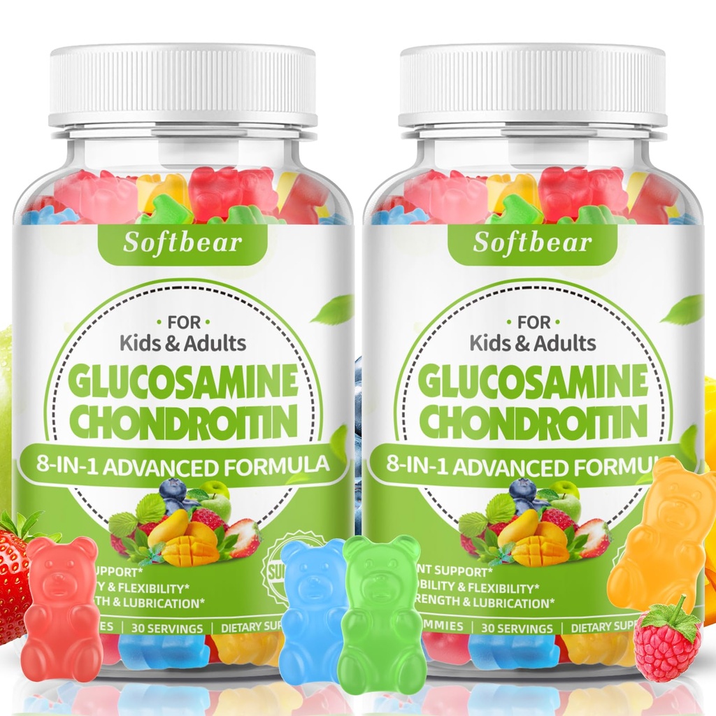 softbear Glukosamiini Chondroitin Gummies MSM Triple Strength, Luomu pureskeltava Glukosamiini Chondroitin täydentää Joint Support Vegan sekoitettu hedelmä maku 120 Gummies