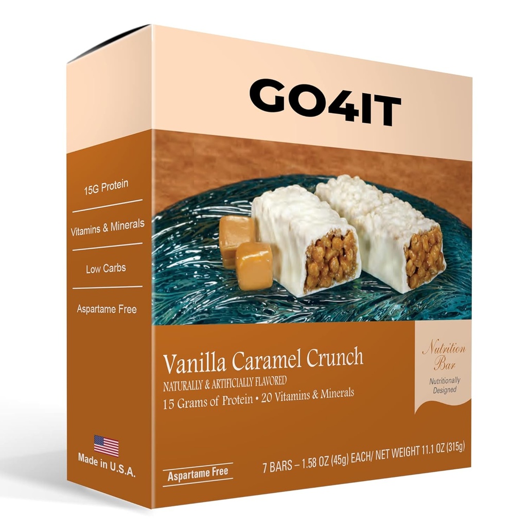 GO4IT Health Ateriankorvikepatukka, High Protein Nutrition Bar, High Fiber, low Calories, KETO friendly, On-the-go, Weight Loss Food Bar, 7/Box - (Vanilla Caramel Crunch)