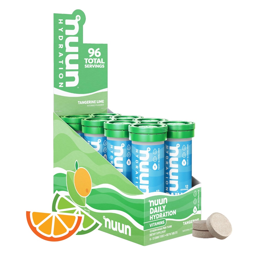 Nuun-vitamiinit Elektrolyyttitabletit, joissa on D-, C-, E-, A- ja B6-vitamiinia, foolihappoa, magnesiumia ja 4 muuta Essentielliä elektrolyyttejä, gluteeniton ja vegaaninen, tangeriinilimetti, 8 pakkausta (96 annosta yhteensä)