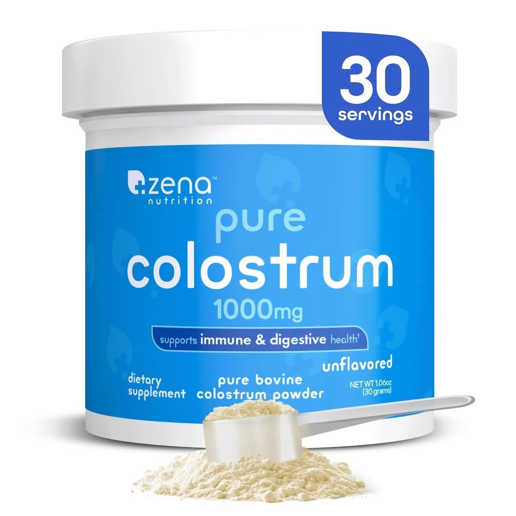 Zena Naudan Colostrum Powder Supplement, 1000 mg Pure Colostrum, tukee immuuni-ja ruoansulatuskanavan terveys, edistää Gut Health, Keto, gluteeniton, rasvaton, ruoho Fed, makuamaton, 30 Tarjoilu