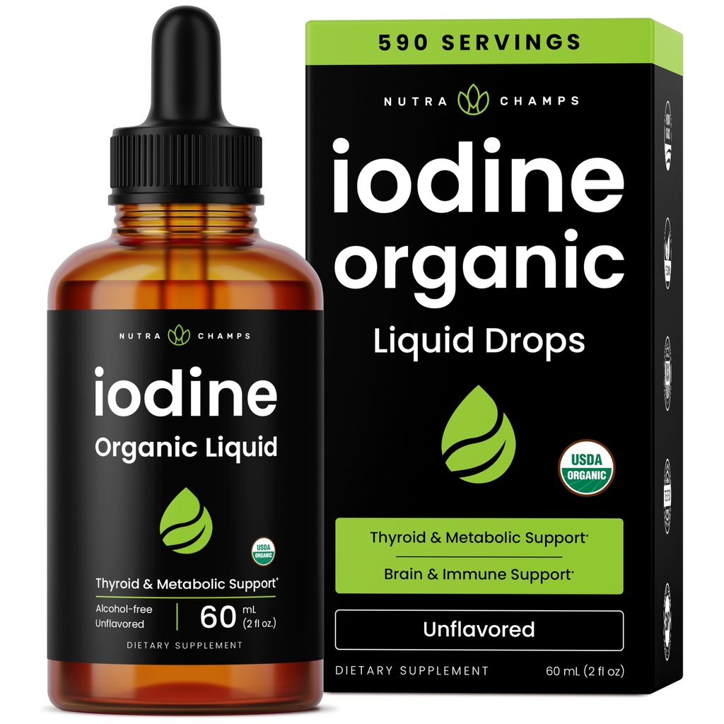 Organiska jod flytande droppar - 250 mcg jodtillskott för kvinnor och män - kaliumjodidlösning 250 mcg - 590 portioner - sköldkörtel, hormon och metaboliskt stöd - icke-GMO, Vegan NPN 80119762