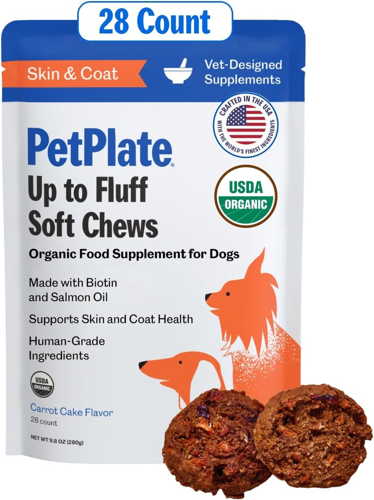 PetPlate Up to Fluff Soft Chews for Dogs, Skin & Coat Support, USDA Organic Supplement, Grain-free, Human-Luokka, Sisältää Salmon Oil ja Biotin, Lemmikkitarvikkeet (Pakkaus 1, 9,8 Ounce)