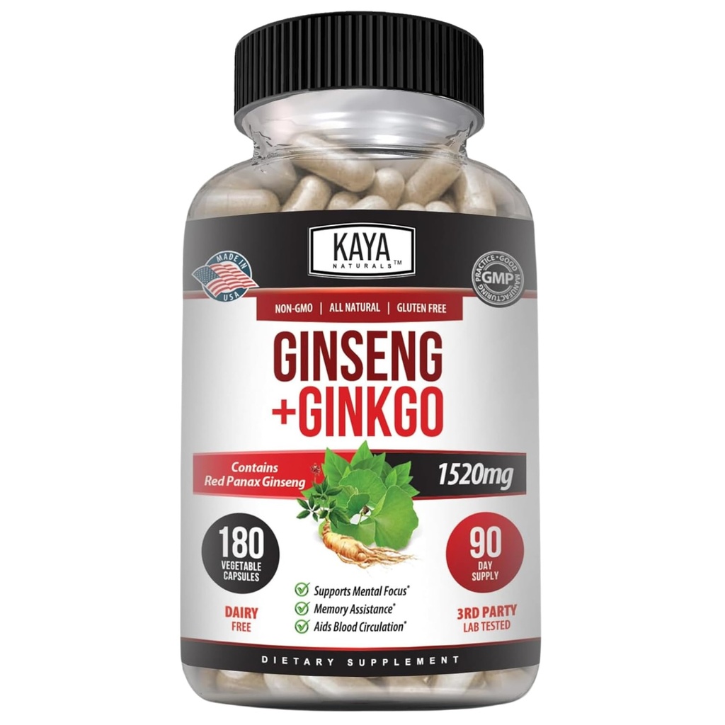 Kaya Naturals Red Panax Ginseng + Ginkgo Biloba - Nootropic Brain Supplement - Kognitiivinen ja keskittymistä tuki - aivojen Booster, Focus, ja muisti täydentää - 180 kapselia