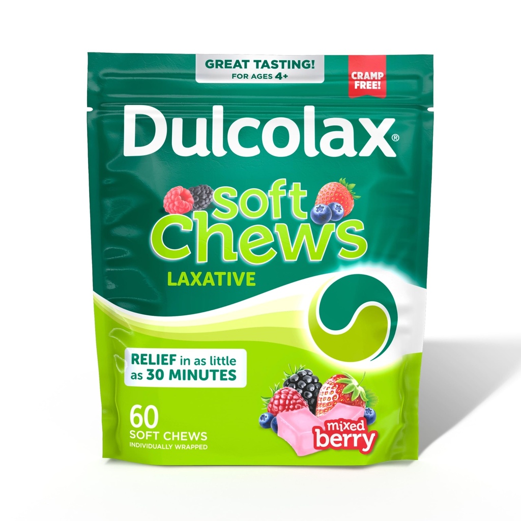 Dulcolax satiini Laxative Soft Chews, Gentle Ummetus Relief, Berry Flavor, Magnesiumhydroksidi 1200 mg, 60