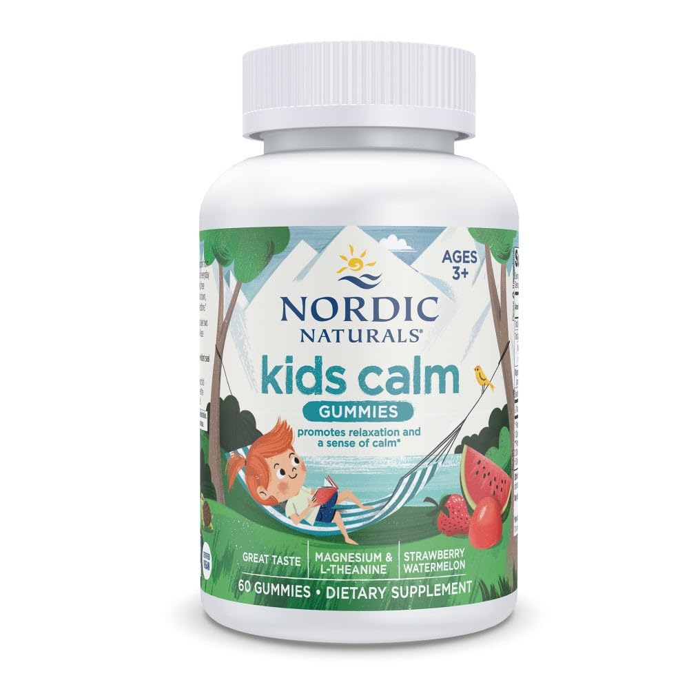 Nordic Naturals Lapset Calm Gummies - Mansikka Vesimeloni - 60 Gummies - Magnesium L-Theanine Supplement - Calming for Kids - Rentoutus Tuki - Jopa 60 Tarjoilut