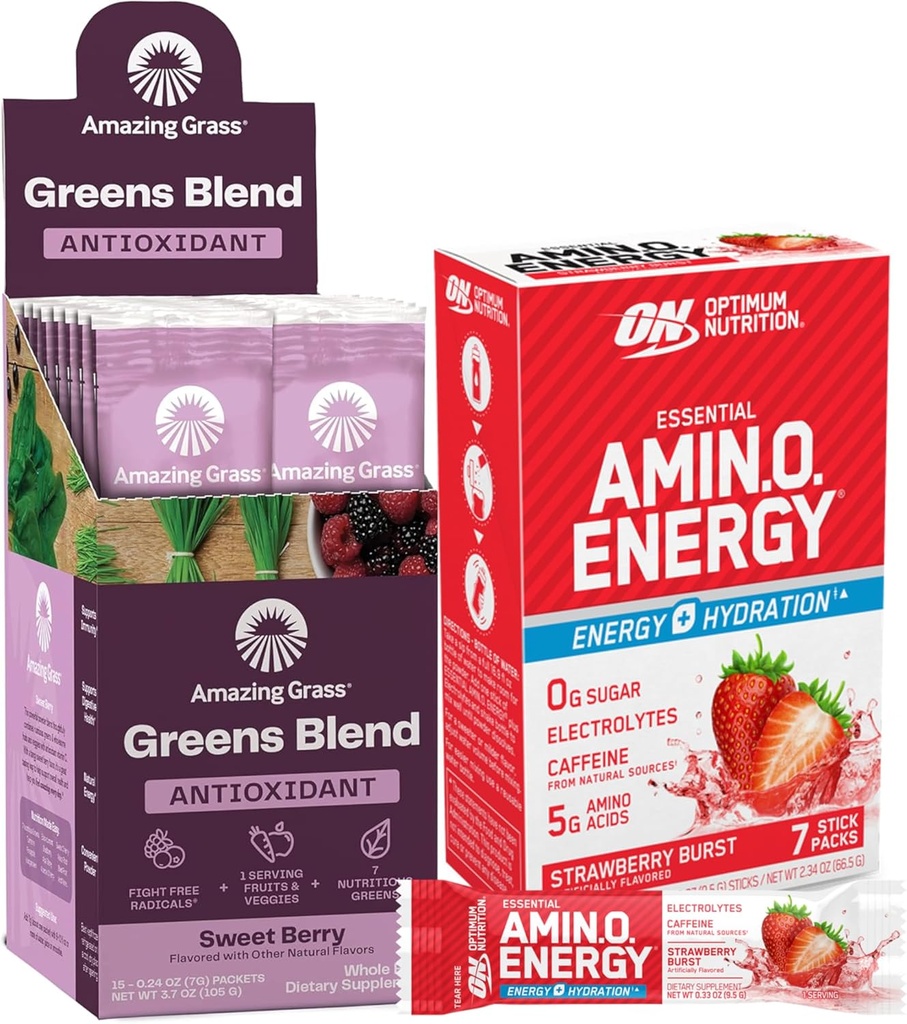 Amazing Grass Bundle of Optimum Nutrition Essential Amino Energy Plus Electrolytes Stick Packs, Energy Powder, Strawberry Burst, 7 Count Greens Superfood antioksidantti: Sweet Berry, 15 tarjoilua