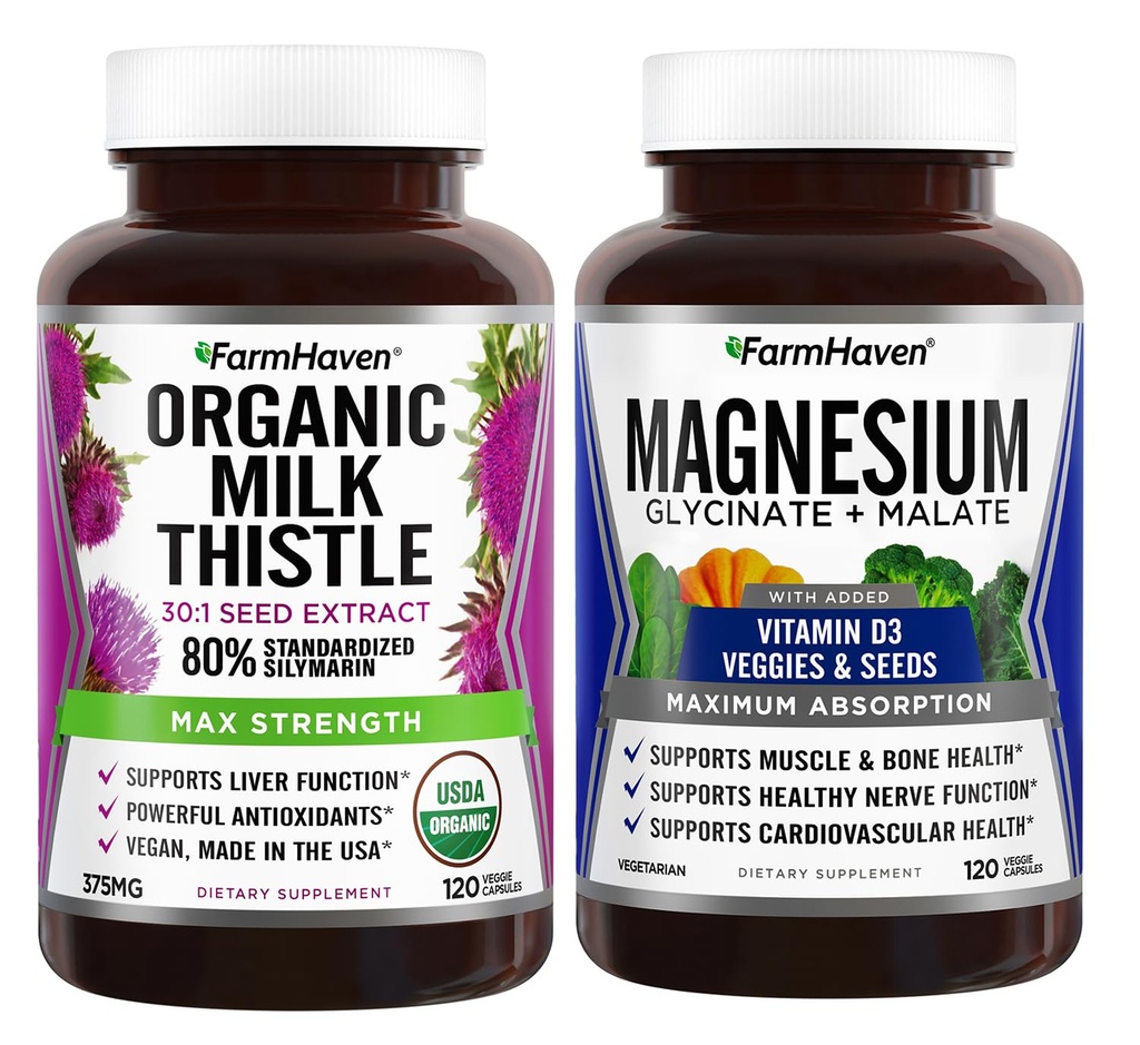 FarmHaven Milk Thistle Kapselit & Magnesium Glycinate & Malate Complex w/ Vitamin D3