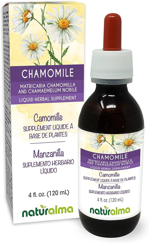Naturalma Saksa ja roomalainen kamomilla (Matricaria camomilla ja Chamaemelum nobile) Kukka Alkoholiton tinktuura - 4 fl oz Liquid Extract in Drops - Herbal Supplement - Vegan