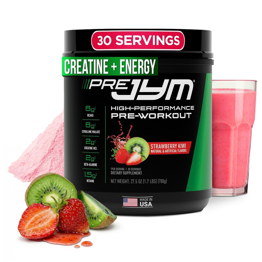 JYM Supplement Science Pre JYM Mansikka Kiivit Pre Treenout Powder - BCAAs, Nootropics, Creatiini HCI, Citrulline, Beta-Alanine, Betaine, Tauriini, Huperzine 30 Servings