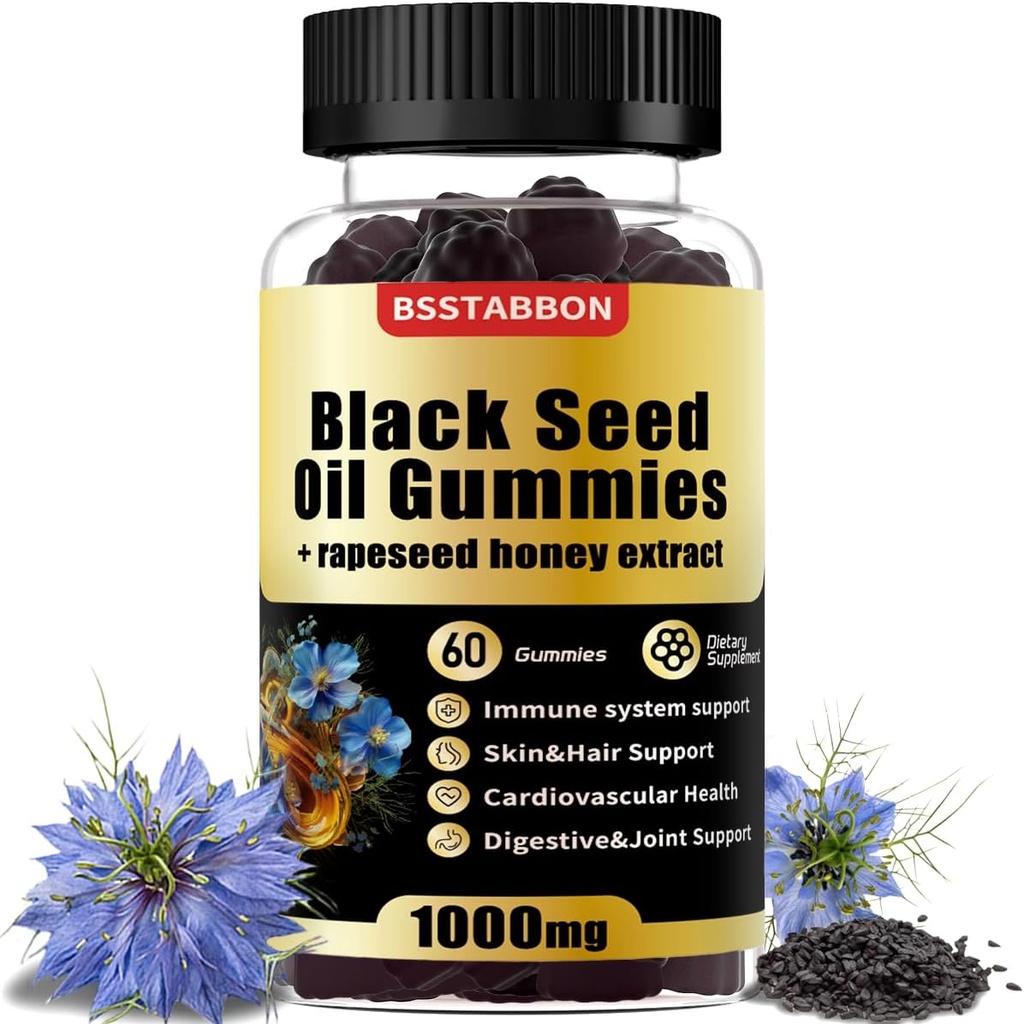 Black Seed Oil Gummies 1000 mg Organic Black Seed Oil, 25 mg rypsi hunajauute, Vitamin B6,B12 ja sinkkiä immuunijärjestelmän tukea (60 Gummies) (60 Count)