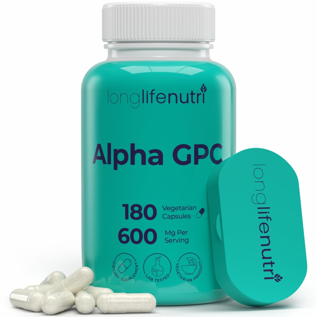 Alpha GPC Choline Supplement 600mg - 180 vegetariska kapslar, hög renhet Nootropic för daglig energi, 3-månaders leverans, acetylkolinkälla för kognitiv och mental klarhet, GMP Certified, Made in USA