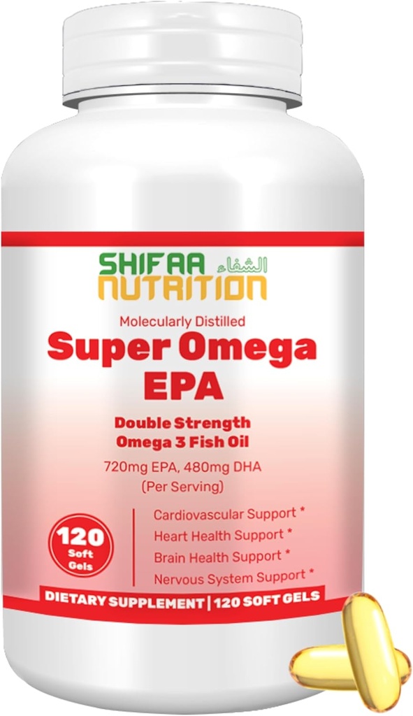 SHIFAA NUTRITION Halal Fish Oil Softgels 120 Ct, Double Strength - Halal Omega 3 Fish Oil täydentää. Luonnonvaraiset kalat, muut kuin GMO:t ja puhdistettu