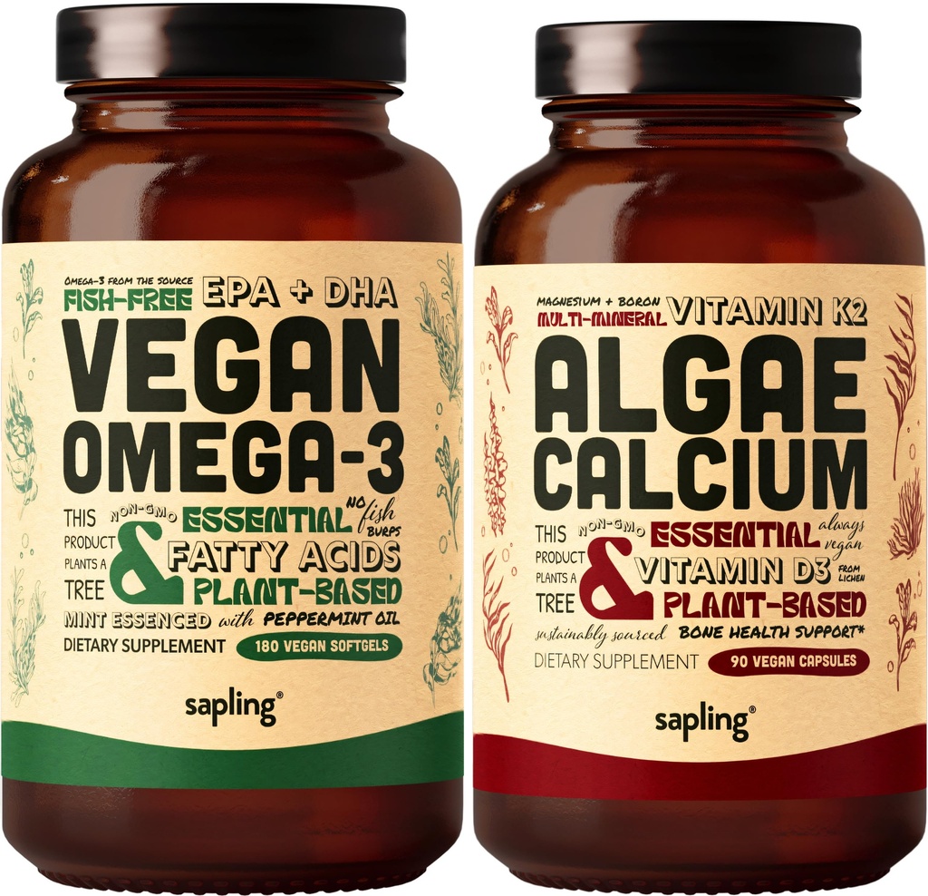 Vegan Omega 3 180 Softgels & Algae Calcium Bundle - Kasvipohjainen DHA & EPA rasvahapot, kalsium Supplement Red Algae K2 & D3, magnesium, sinkki, Boron, Mineraalikompleksi