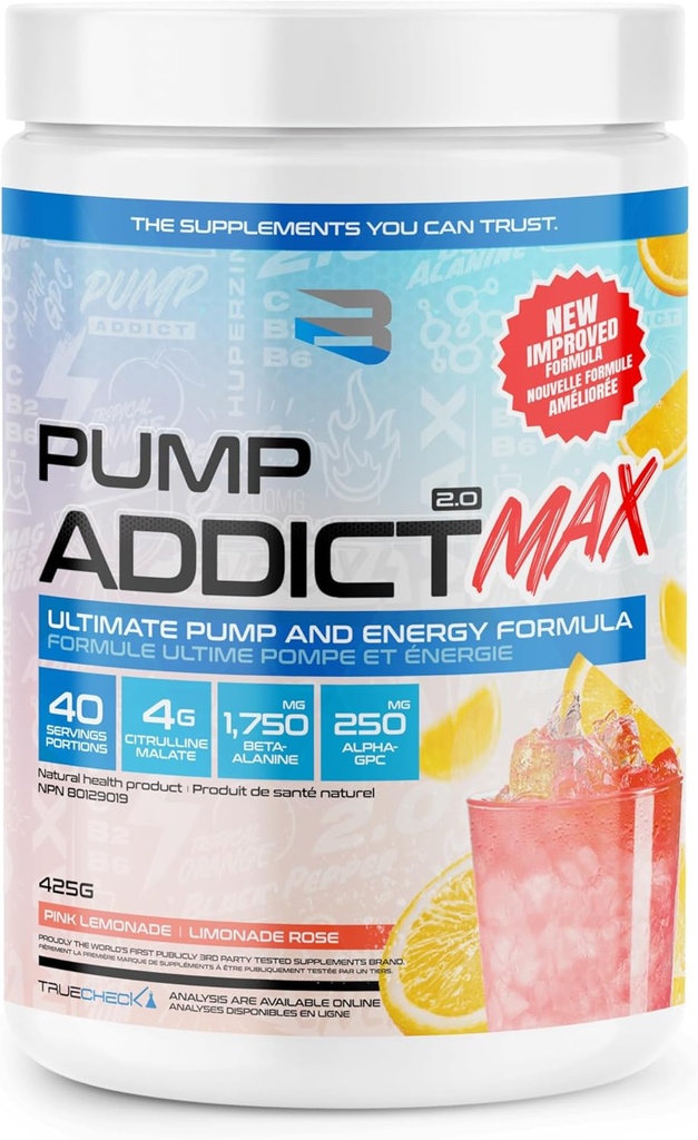 Believe Supplements - Pump Addict Max Pre-Workout Powder - Förbättrad energi, fokus och uthållighet... (40 Servering, rosa Lemonade)
