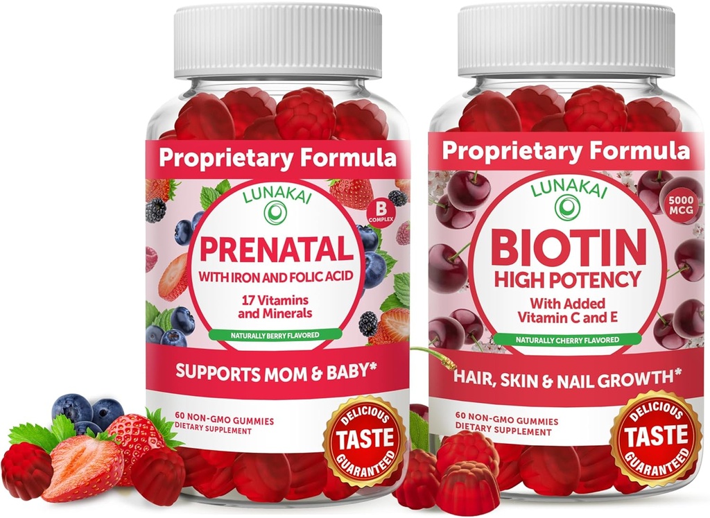 Lunakai Biotin ja Prenatal Bundle - Hiusten ihon ja kynsien kasvu täydentää C- ja E-vitamiini - Raskaus Multivitamiini Gummy Iron & Folic Acid - 30 päivän tarjonta