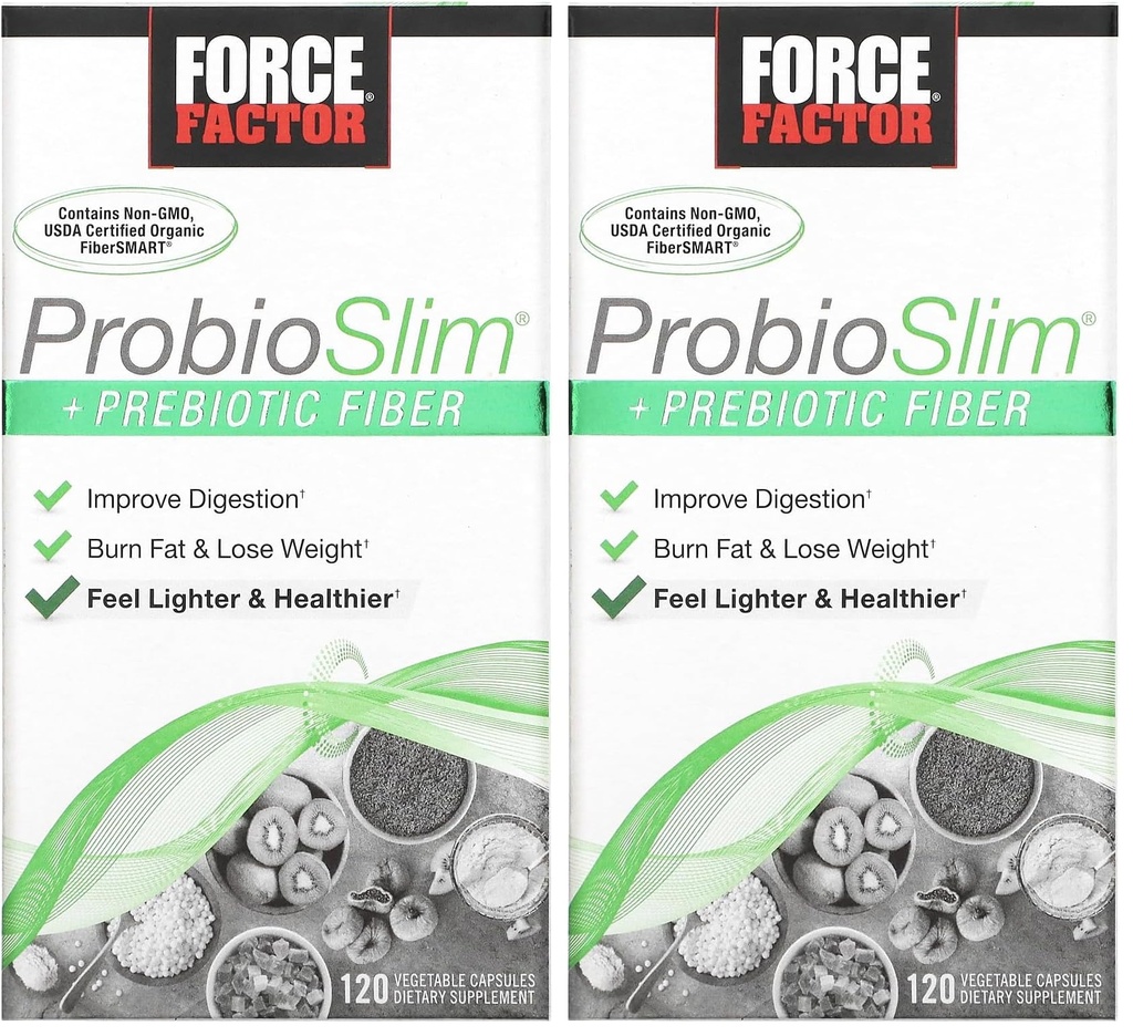 Force Factor ProbioSlim + Prebiootti Kuitu laihtuminen täydentää naisille ja miehille, probiootti ja prebiootti digestiivinen terveys tuki vihreä teeuute ja Psyllium Husk kuitu, 120 kapselia