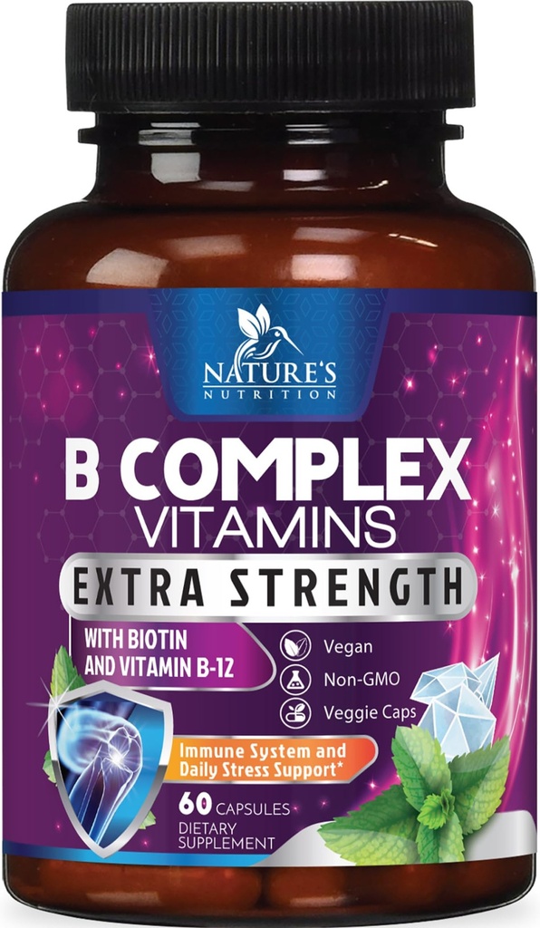 B Complex vitamiineja kapselit - vitamiini B12 B6 B100 C Biotiini Folaatti & Foolihappo - täydentää sydämen, aivojen, & Hermo tuki - Super Complete B-komplex immuuni- ja energiatukea - 60 kapselia