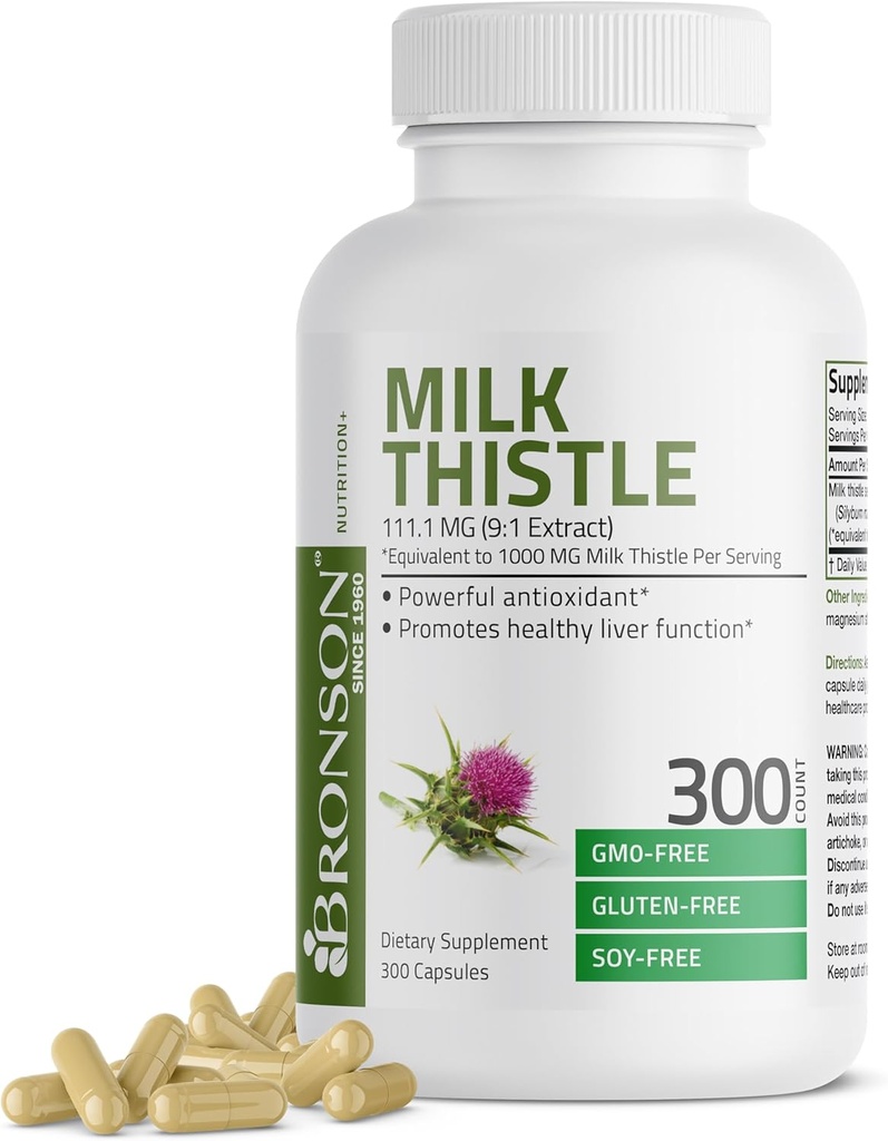 Bronson Milk Thistle 1000 MG Silybum Marianum Antioksidantti ja maksan terveystuki - ei-GMO, 300 kapselia