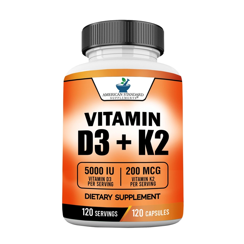 American Standard Supplements D3 5000 IU (125mcg) Plus K2-vitamiini (MK7) 200 mcg per kapseli - Gluteeniton, ei-GMO, 120 kapselia, 120 tarjoilua, 120 päivän toimitus