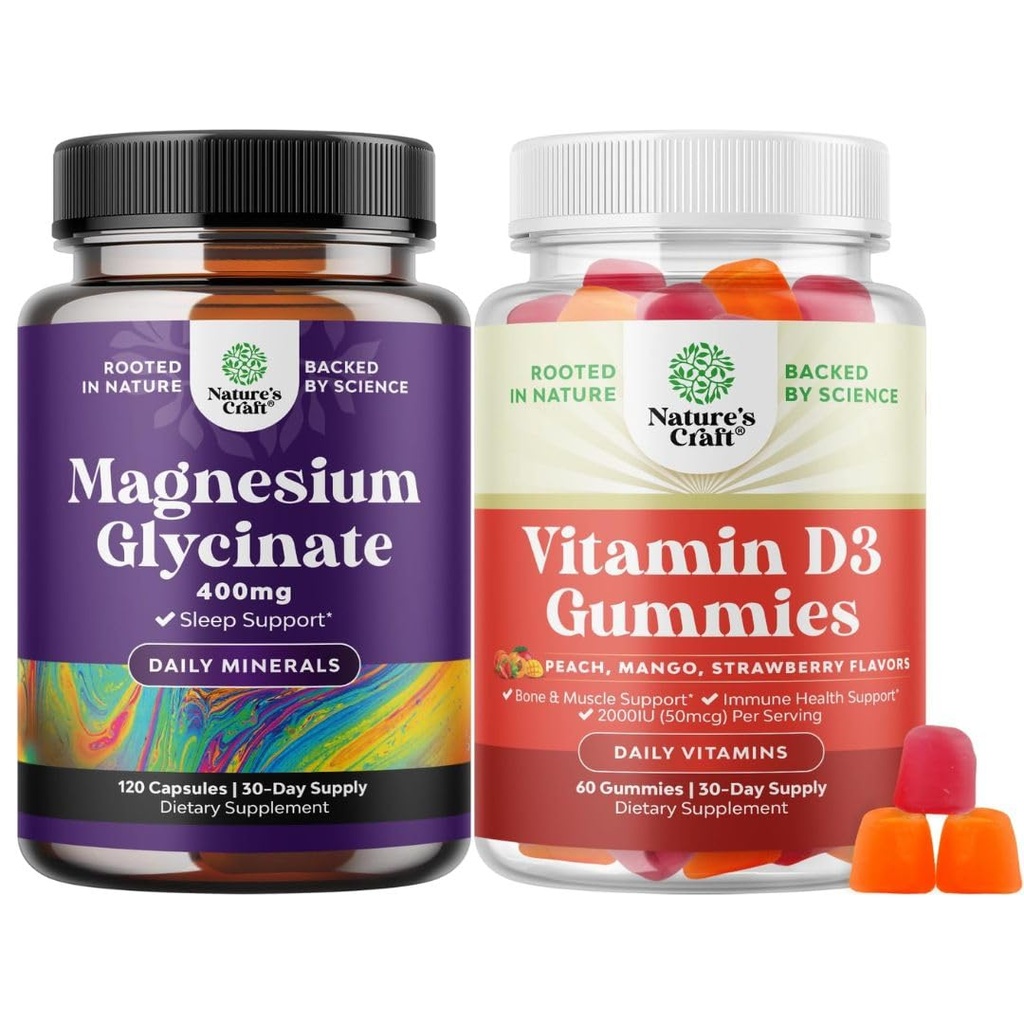 Puhdas magnesium Glycinate 400 mg per tarjoilu mielialauneen ja rentoutumiseen ja D3-vitamiinin Gummien päivittäinen hyvinvointi tai luun lihas- ja immuunituki