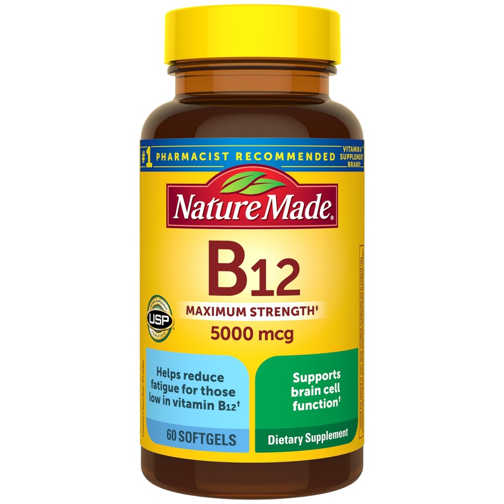 Nature Made Maximum Strength B12 5000 mikrog, ravintolisä energian aineenvaihdunta tukea, 60 Softgels, 60 päivän tarjonta