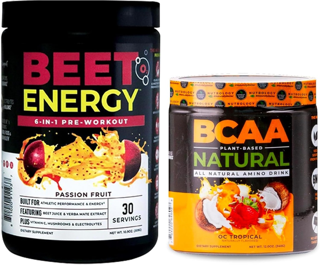 Nutrology Beet Natural O2, Pre Workout Powder, Passion Fruit Flavor (30 portioner) BCAA Natural, Plant Based BCAA Powder, Orange Coconut Flavor (30 portioner)