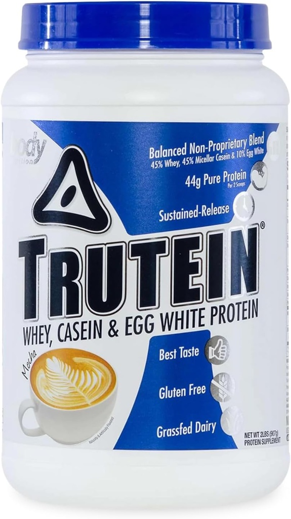 Body Nutrition Trutein High Protein Powder: 45% Whey, 45% Kaseiini, 10% Muna White, Gluteeniton, Matala natrium, Ruoho Fed Whey Protein Powder, kuntosali Supplement & Breakfast Shake, Mocha, 2lb