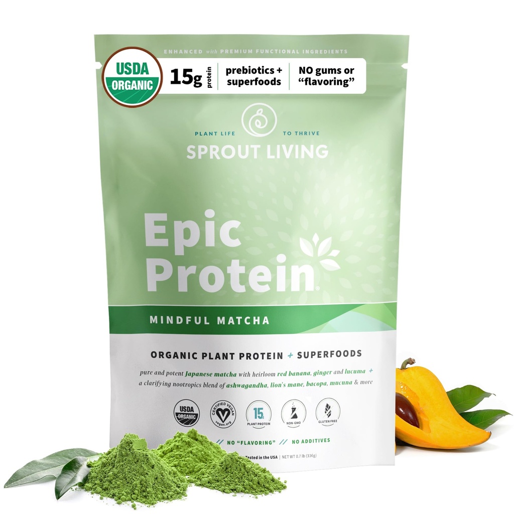 Sprout Living Epic Protein, Plant Based Protein & Superfoods Powder, Mindful Matcha | 17 Grams Organic Protein Powder, Vegan, Non-GMO, Gluten Free, Adaptogens + Nootropics (1 pund, 12 portioner)
