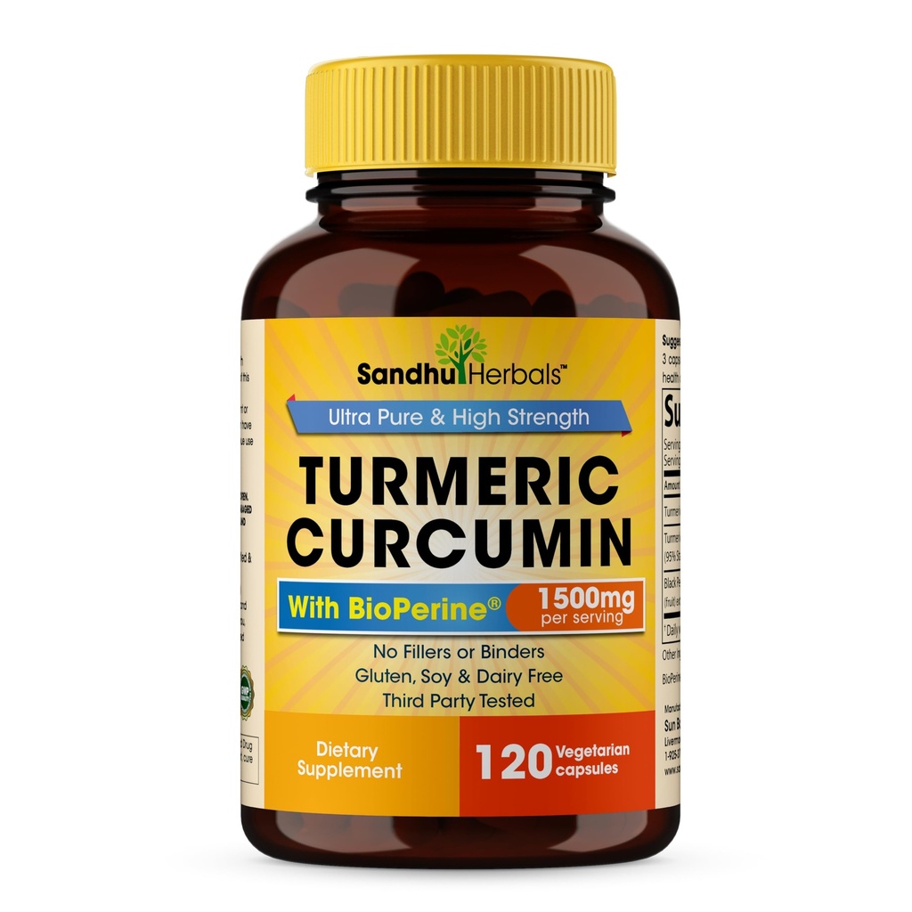 Sandhu Herbals Organic Turmeric Curcumin 120 kapselia Bioperine Black Pepper Extract täydennysosa ... 1500 mg kanssa 95% Curcuminoidit...