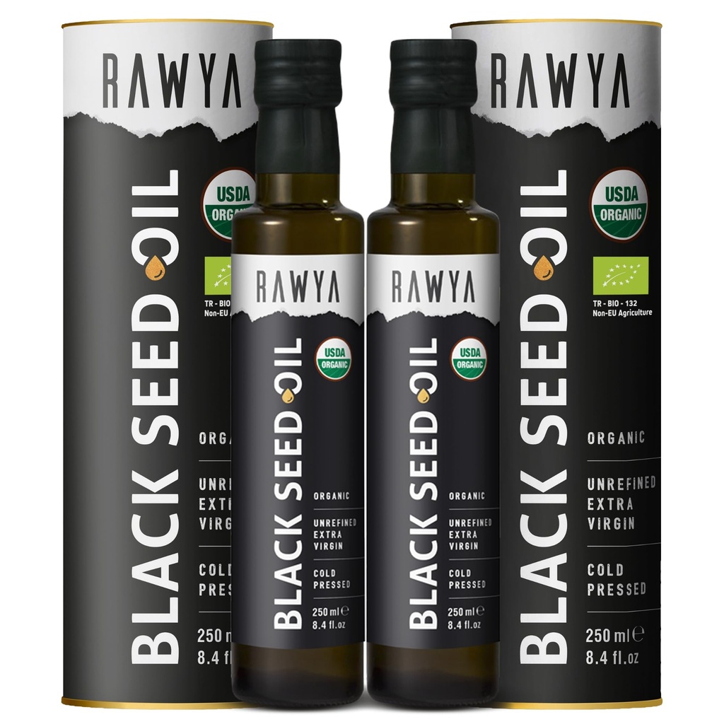 Rawya Black Seed Oil - Organic Cold Pressed Nigella Sativa - Turkin alkuperä - USDA Organic - Natural Supplement - Black Cumin Seed Oil - Rich Flavor & High Concentration - 250ml Lasipullo - 2 Pack
