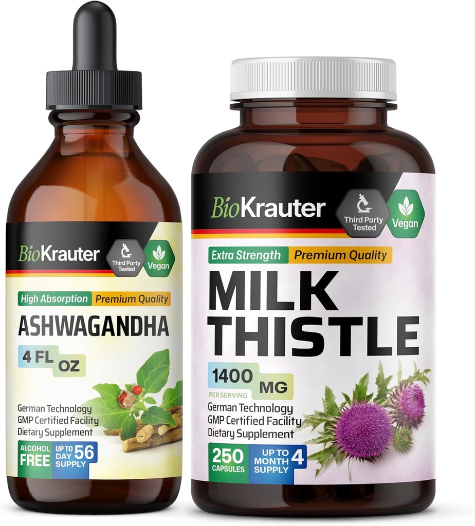 BIO KRAUTER Ashwagandha Tincture 4 Fl. Oz. & Milk Thistle 250 kapselia