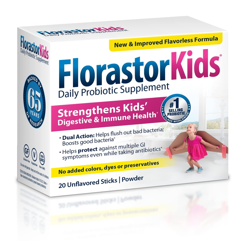 Florastor Kids Daily Probiotic Supplement, Unflavored Powder Mixes med mat eller dryck, Använd med antibiotika, Saccharomyces Boulardii CNCM I-745 (20 Sachets), Pack på 2