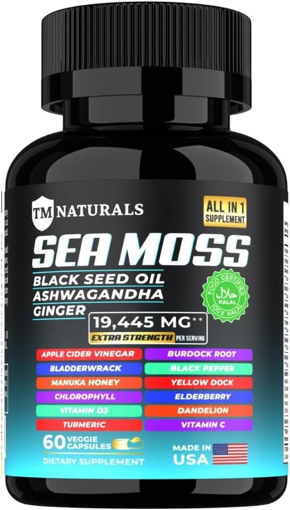 Sea Moss musta siemenöljy, C-vitamiini, Ashwagandha ja Turmeric Immuunin tuki & energia - 60 vegan kapselit + ilmainen pillerilaatikko