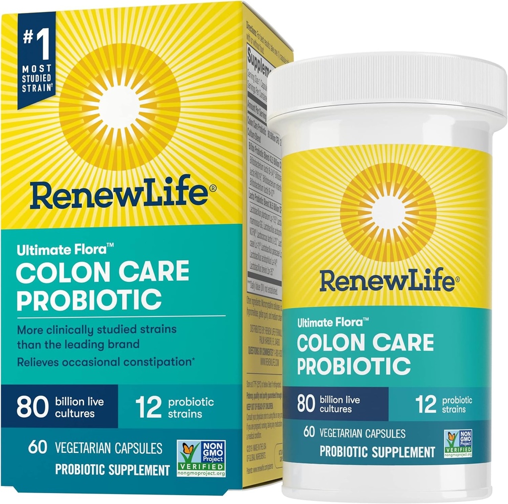 Renew Life Adult Colon Care Probiotic Supplement, Gluteeniton, Dairy & Soy Free, 80 miljardia PMY per kapseli, 60 kapselia (pakkaus May Vary)