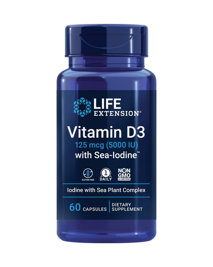 Life Extension D3-vitamiini Sea-JodiTM: llä, 125 mikrog (5000 IU) ...