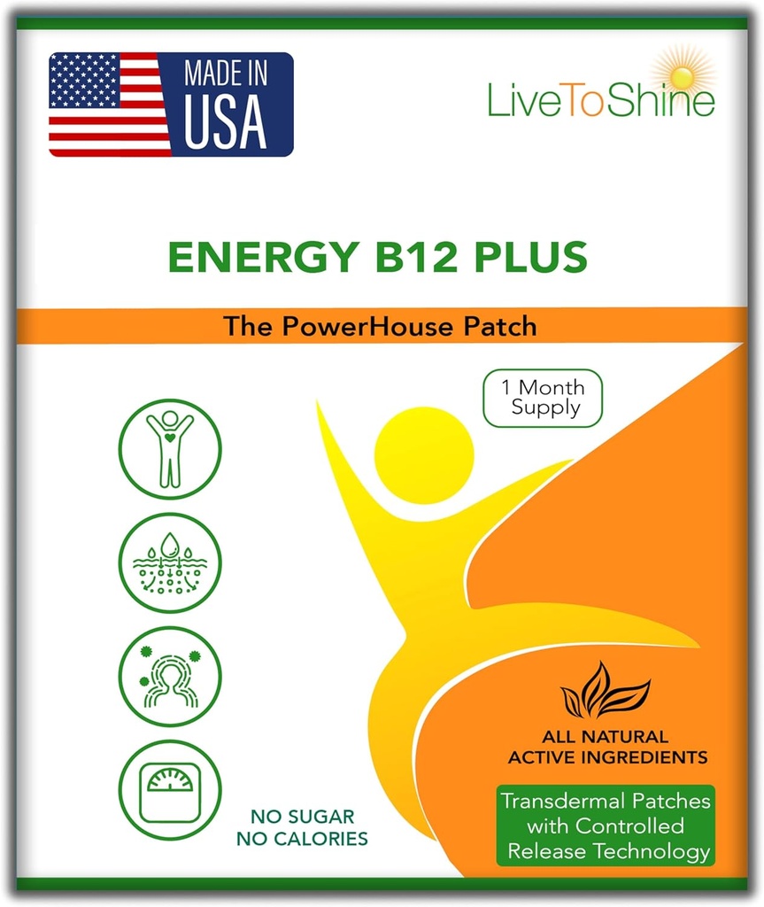 Live to Shine B12 Energy Plus Topical Patch - Energy and Focus Support for Women and Miehet - 30 päivän toimitus - USA Made