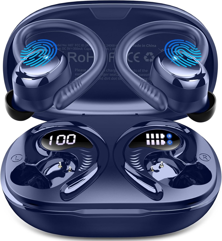 Langattomat korvakorut Sport, 2025 Bluetooth 5.4 Kuulokkeet Earhooks, 50H Stereo Deep Bass Over Ear Buds 4 ENC Noise Canceling Mics, IP7 vedenpitävät kuulokkeet Running Treenout Gym -sininen