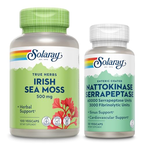 SOLARAY Irish Sea Moss 500mg och Nattokinase Serrapeptase Supplement - Wellness Bundle med naturligt förekommande vitaminer, mineraler - Gut Health, Sinus, Heart Health Support, 60-dagars garanti, 100/30ct