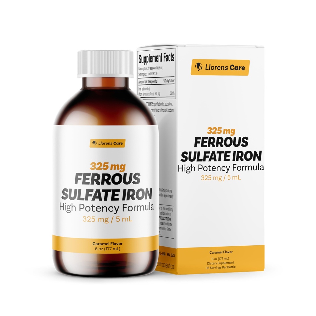 Ferrous Sulfate 325mg Liquid Iron 65mg Elemental Iron av Llorens Care - 6 oz - Caramel Flavor (6 oz, Caramel)